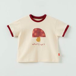 韓國 OZKIZ - 可愛印花純棉短袖上衣-蘑菇-米杏