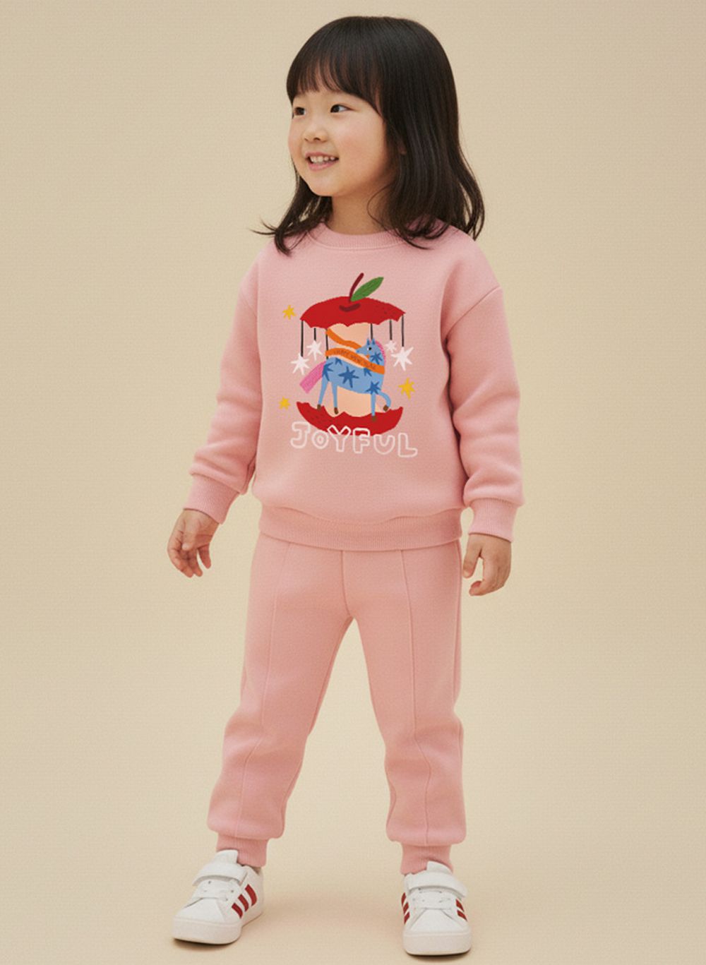 內刷絨長袖上衣+長褲套裝-幸運轉轉-粉色