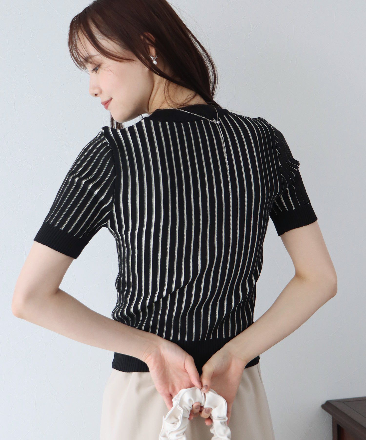 日本 BLUE EAST - 彈性寬羅紋薄針織短袖上衣-淺粉x白