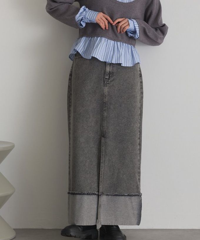 日本 ELENCARE DUE - 10oz抽鬚摺邊俐落前開叉牛仔長裙-黑