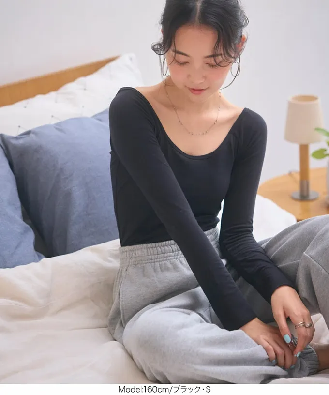 日本 Kobe Lettuce - ＋5度C 發熱機能前後2way深領內搭衣-黑