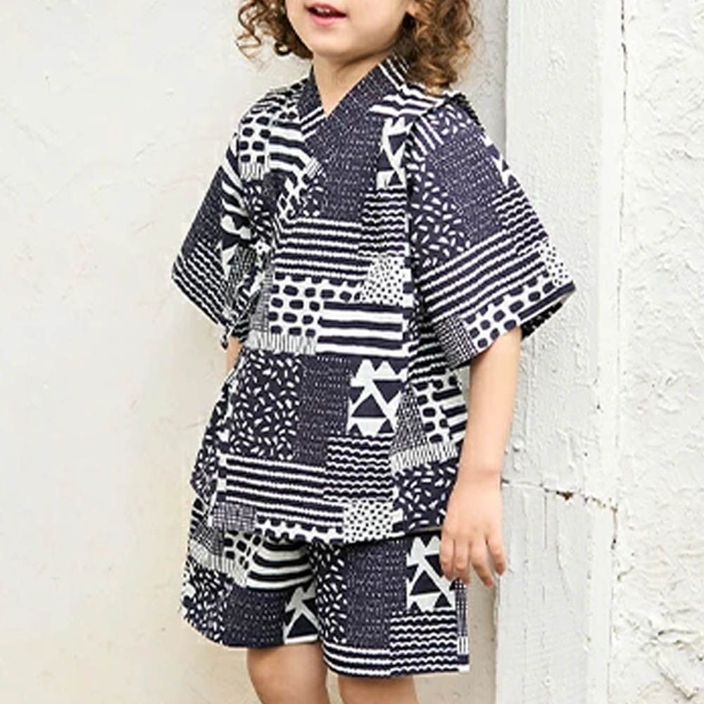 100%棉 夏季甚平套裝-幾何-深藍