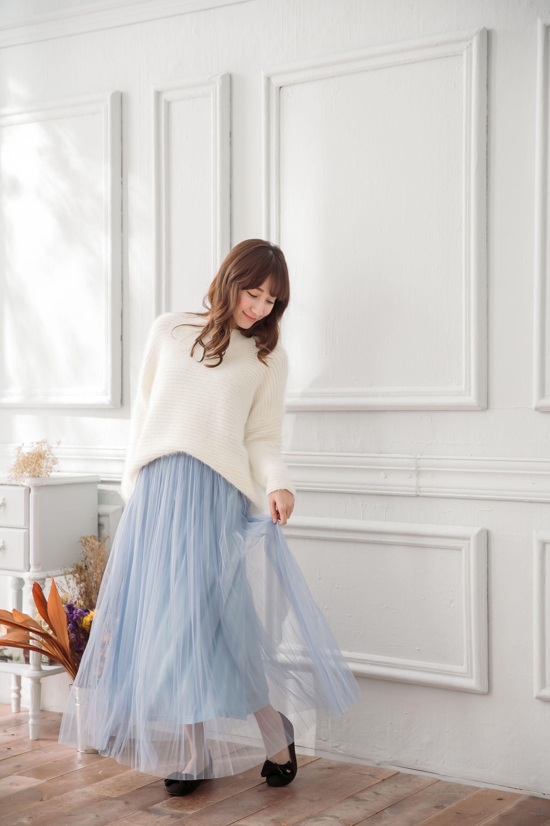 Peachy - 獨家訂製綿柔優雅綁帶百褶紗裙-綁帶百褶版-仙杜瑞拉藍 (F)