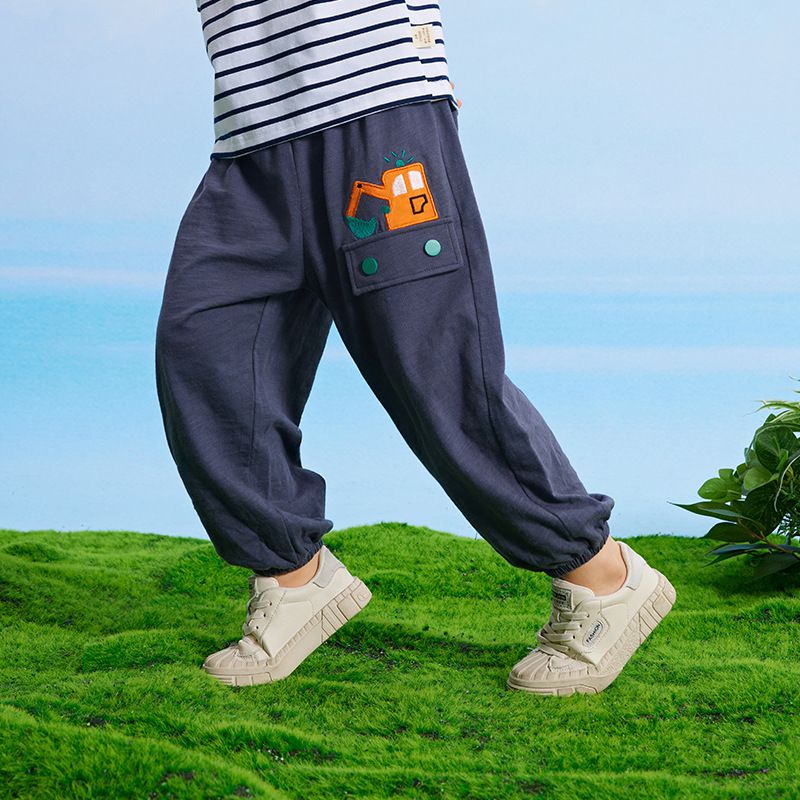 竹節棉束口長褲/防蚊褲-挖掘機-杏色