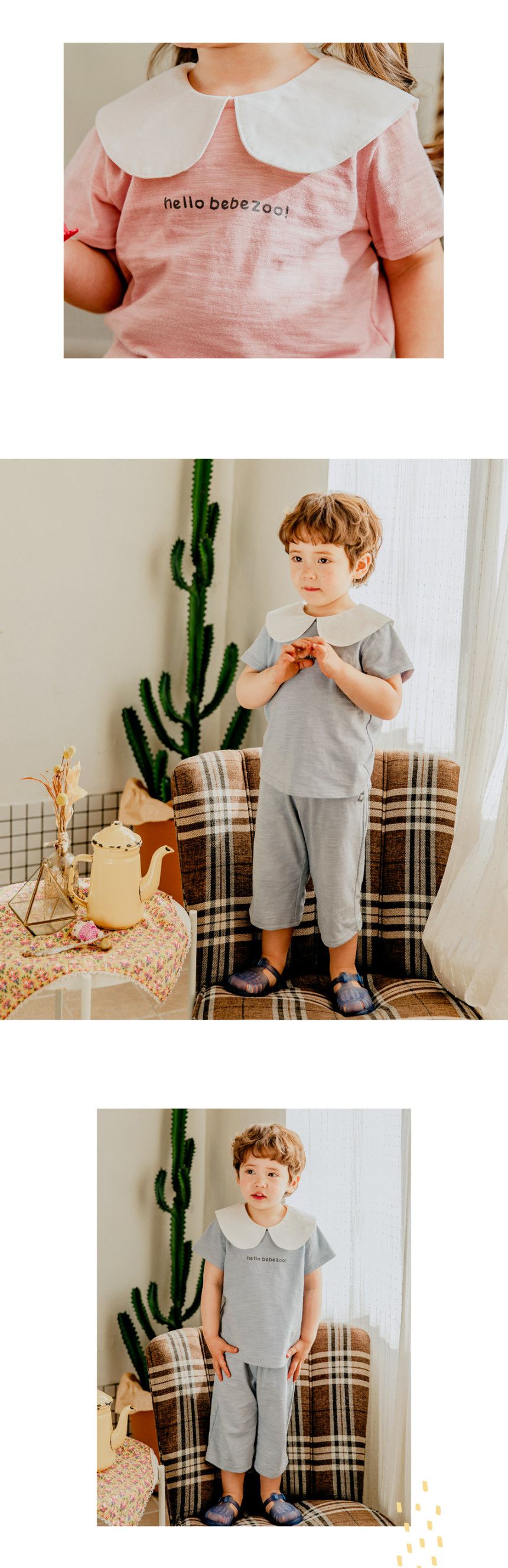 韓國 Bebezoo - 水手領竹節棉套裝-灰藍