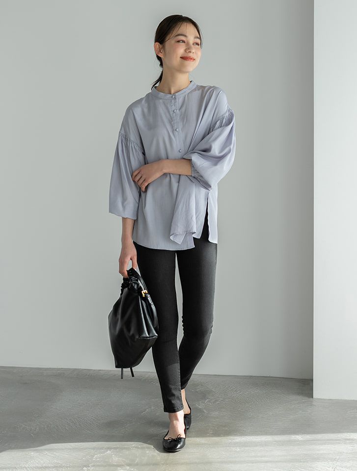 日本 fifth - 微光澤圓領七分澎袖襯衫-灰藍