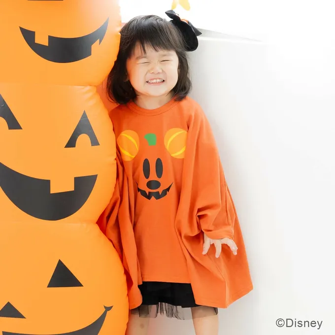 日本 Chil2 - 萬聖節聯名限定 寬鬆斗篷長袖上衣-卡通人物南瓜米奇-橘