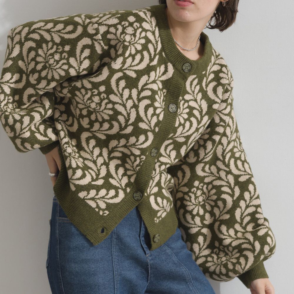 盛開花卉針織寬袖開襟衫/外套-橄欖綠
