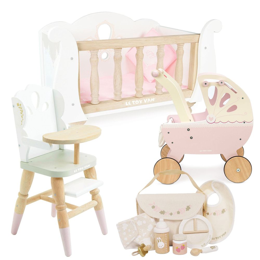 英國 Le Toy Van - 組合優惠-Baby娃娃專用高腳餐椅+雪撬造型Baby娃娃專屬床+Baby娃娃照護包+Baby娃娃專用嬰兒車