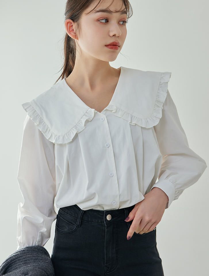 日本 fifth - 復古大片荷葉領V領襯衫-白