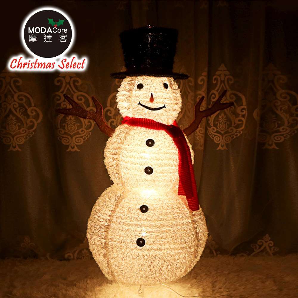 (預購)摩達客聖誕-大型LED燈白色絨毛彈簧摺疊雪人玩偶擺飾(100燈LED燈暖白光USB充電)