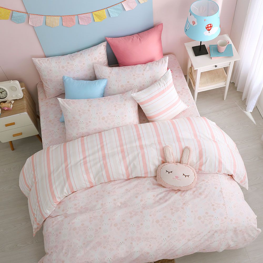 鴻宇 HongYew - 雙人加大床包兩用被套組 美國棉授權品牌 300織-眠眠兔-粉