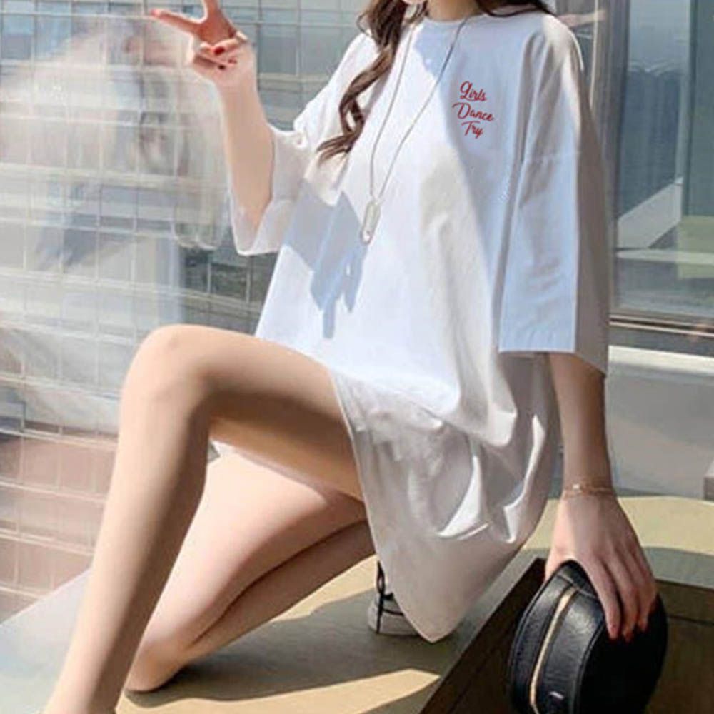 英文草寫標語寬大長版T恤-白 (F)