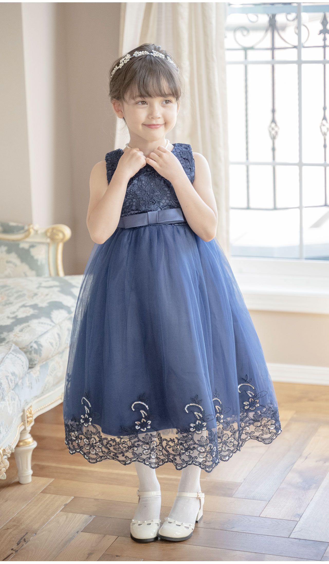 日本 Catherine Cottage - 腰帶蝴蝶結優雅蕾絲長洋裝/小禮服-紫羅蘭