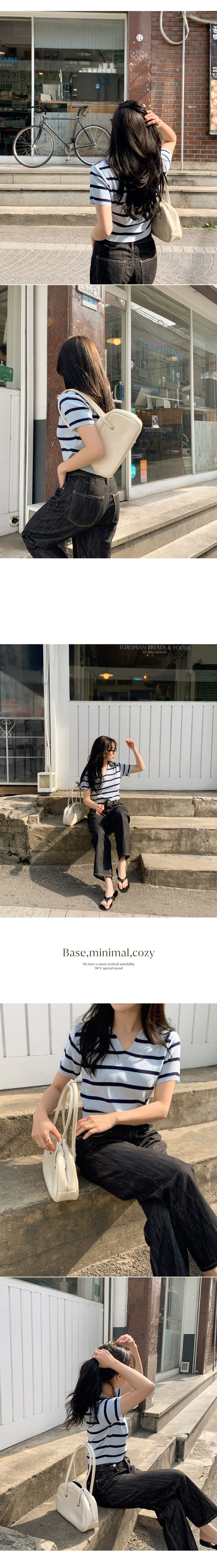 韓國 98doci - 針織條紋翻領短袖上衣-深藍