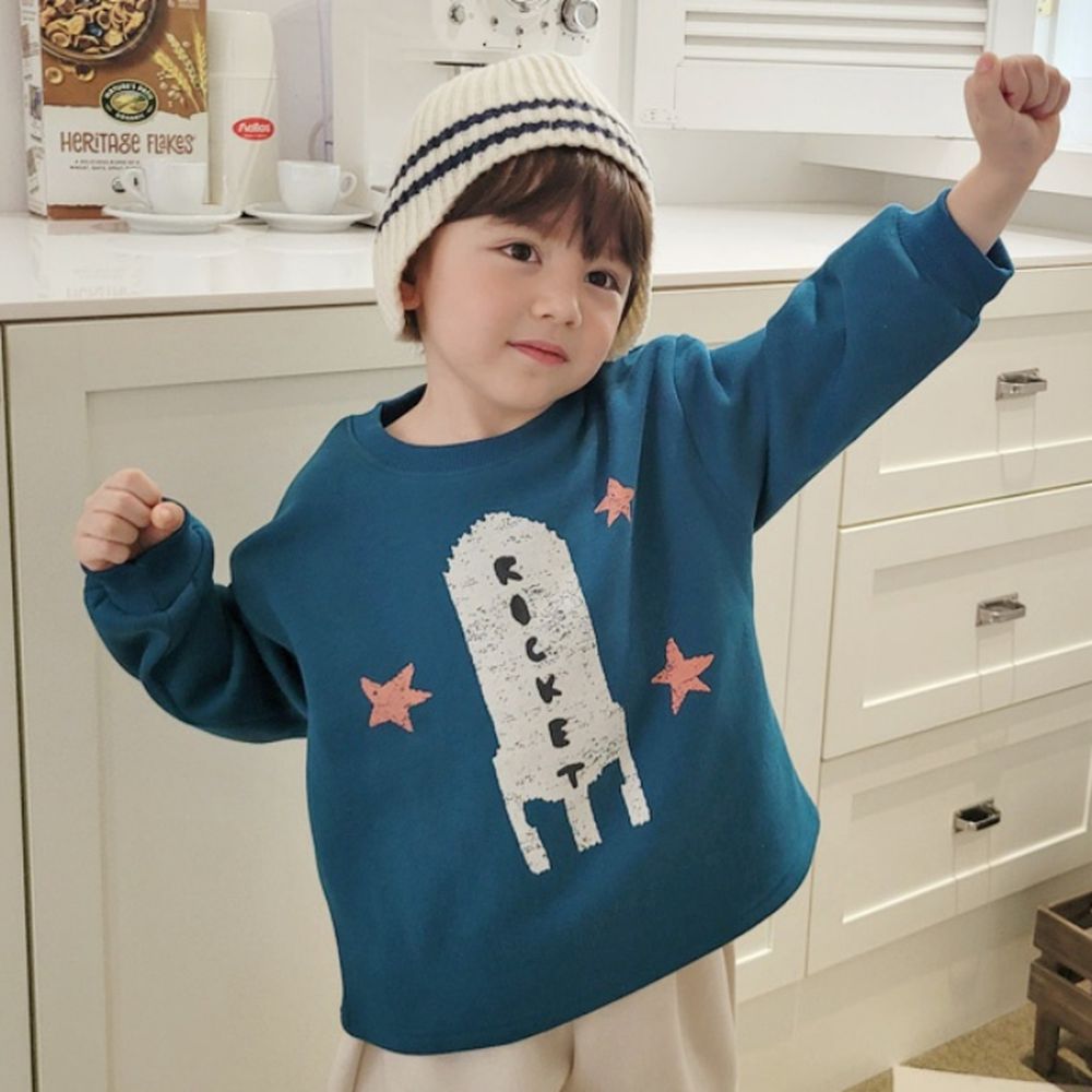 Peanuts House (內磨毛)塗鴉火箭長袖上衣-藍綠