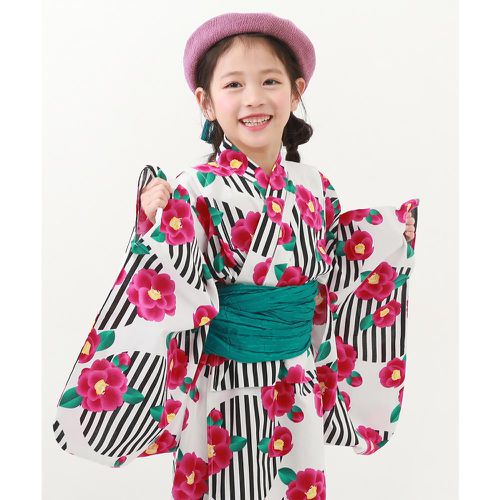 日本 devirock - 純棉夏日祭典花朵浴衣兵兒帶2件組-山茶花-白紅