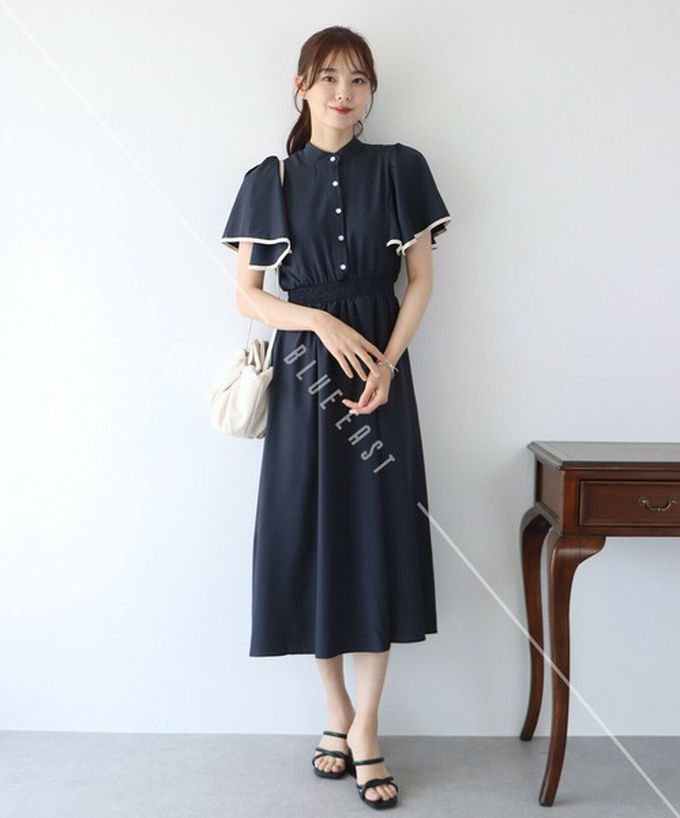 日本 BLUE EAST - 浪漫時光碎花雪紡短袖洋裝-素色-卡其