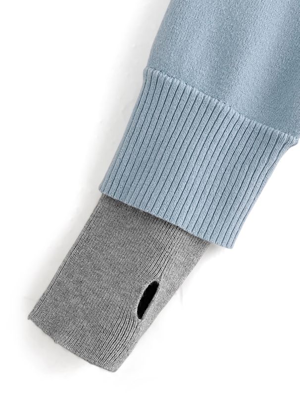 日本 GRL - 假兩件針織短版長袖上衣(附指穴)-寶貝藍x淺灰 (F)