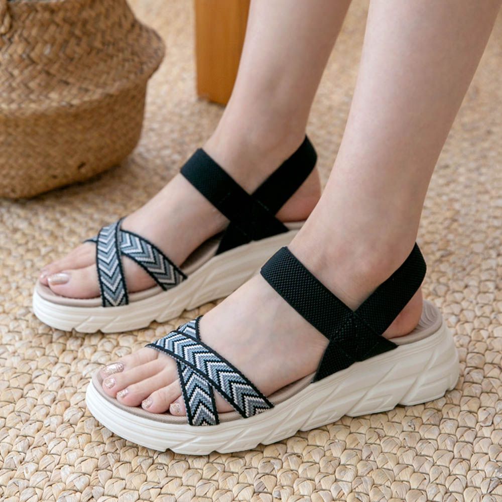 防水X防滑彈性編織帶輕量厚底涼鞋(5cm)-黑