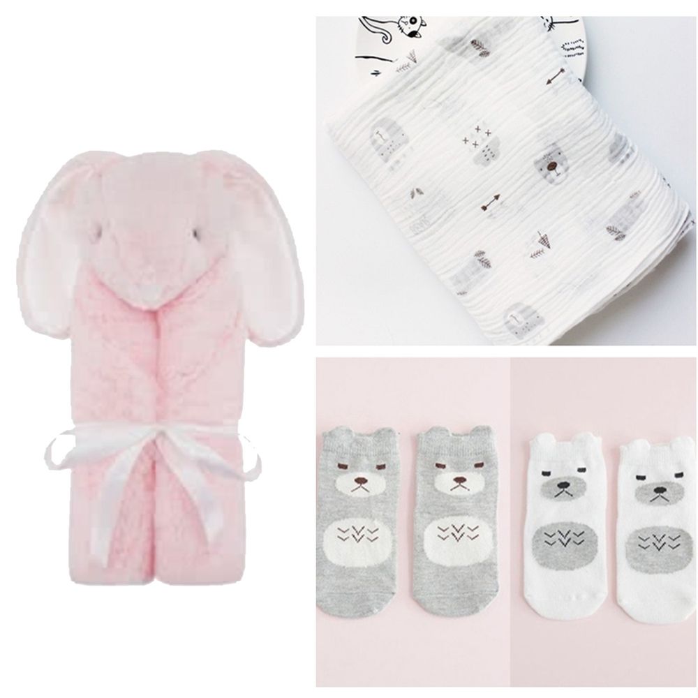 美國 Quiltex - 超柔軟動物嬰兒毯安撫毯-豪華組-粉長耳兔+包巾+寶寶襪