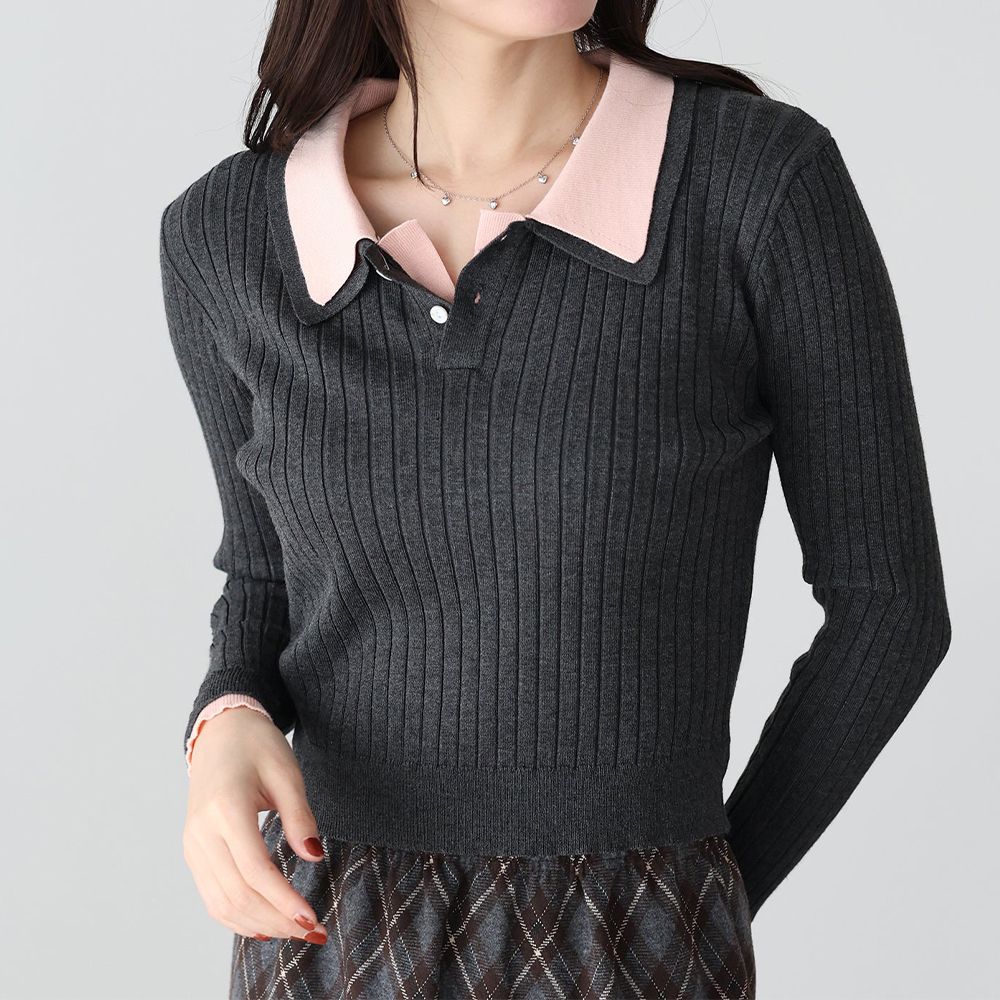 撞色雙層領針織polo長袖上衣-深灰x粉紅 (M)