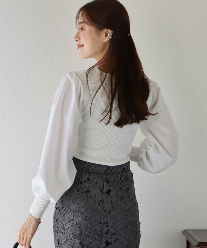 日本 BLUE EAST - V領羅紋拼接泡泡長袖上衣-藍灰