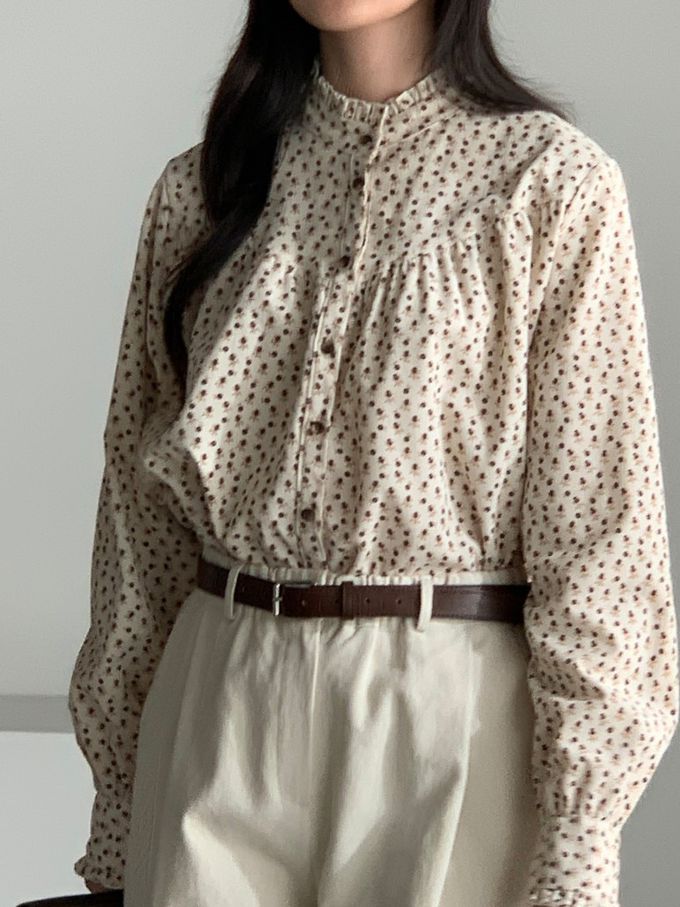 韓國女裝連線 - 滿版小花朵燈芯絨長袖襯衫-米 (FREE)