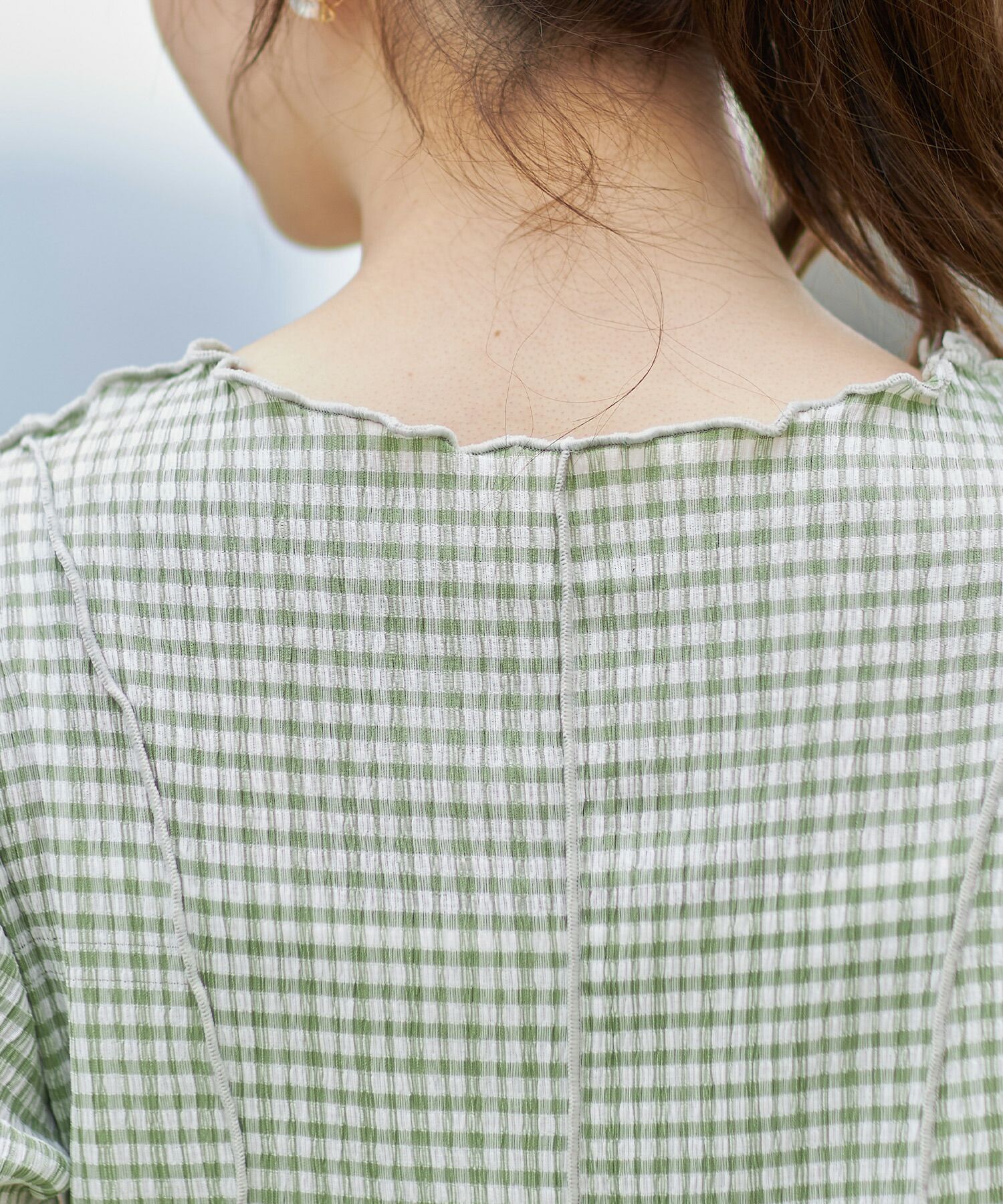 日本 tocco-closet - 修身線條五分袖洋裝-格紋-薄荷