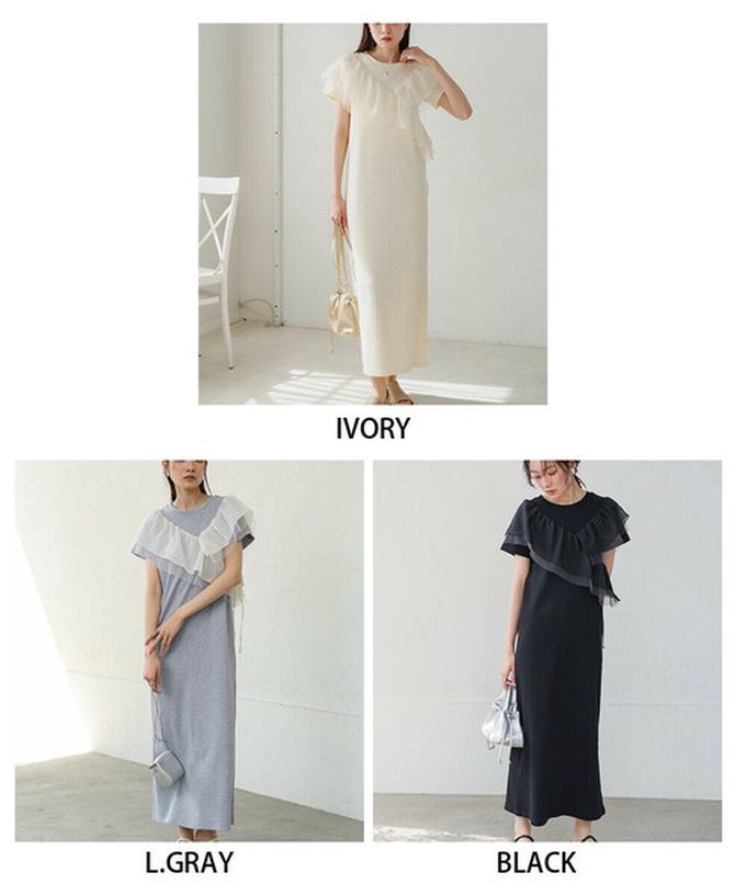 日本 Bab - 不對稱交叉薄紗拼接短袖洋裝-黑