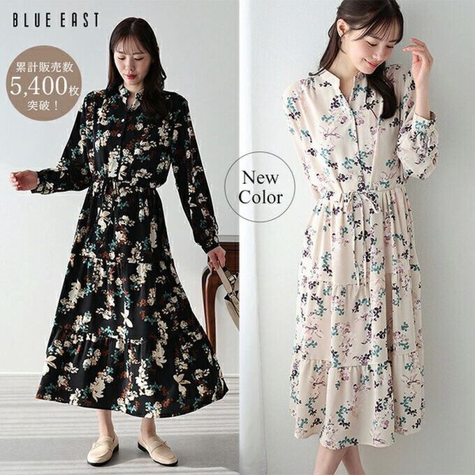 日本 BLUE EAST - [人氣款]簡約抽繩收腰長袖洋裝-古典花-黑