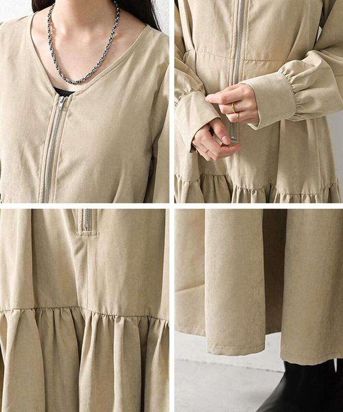 日本 ELENCARE DUE - V領拉鏈桃皮絨優美長袖洋裝-黑