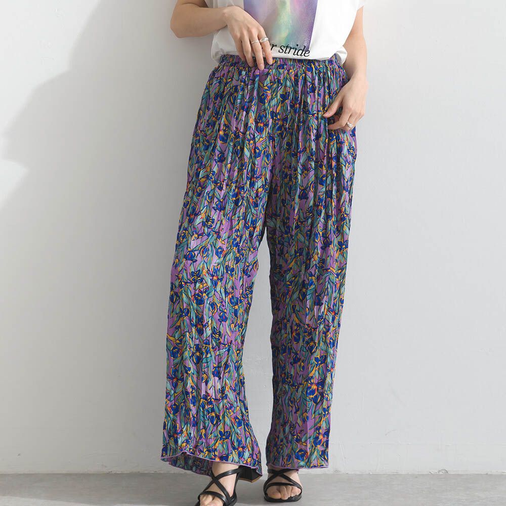 華麗藝文花卉飄逸感皺褶寬褲-藍紫系