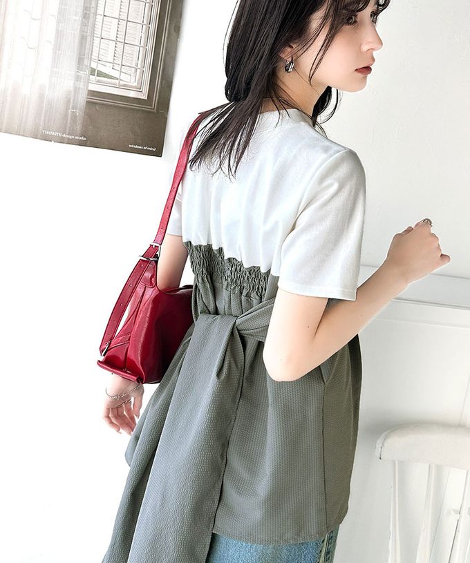 日本 Classical Elf - 時尚顯瘦綁帶拼接風短袖上衣-白x淺灰