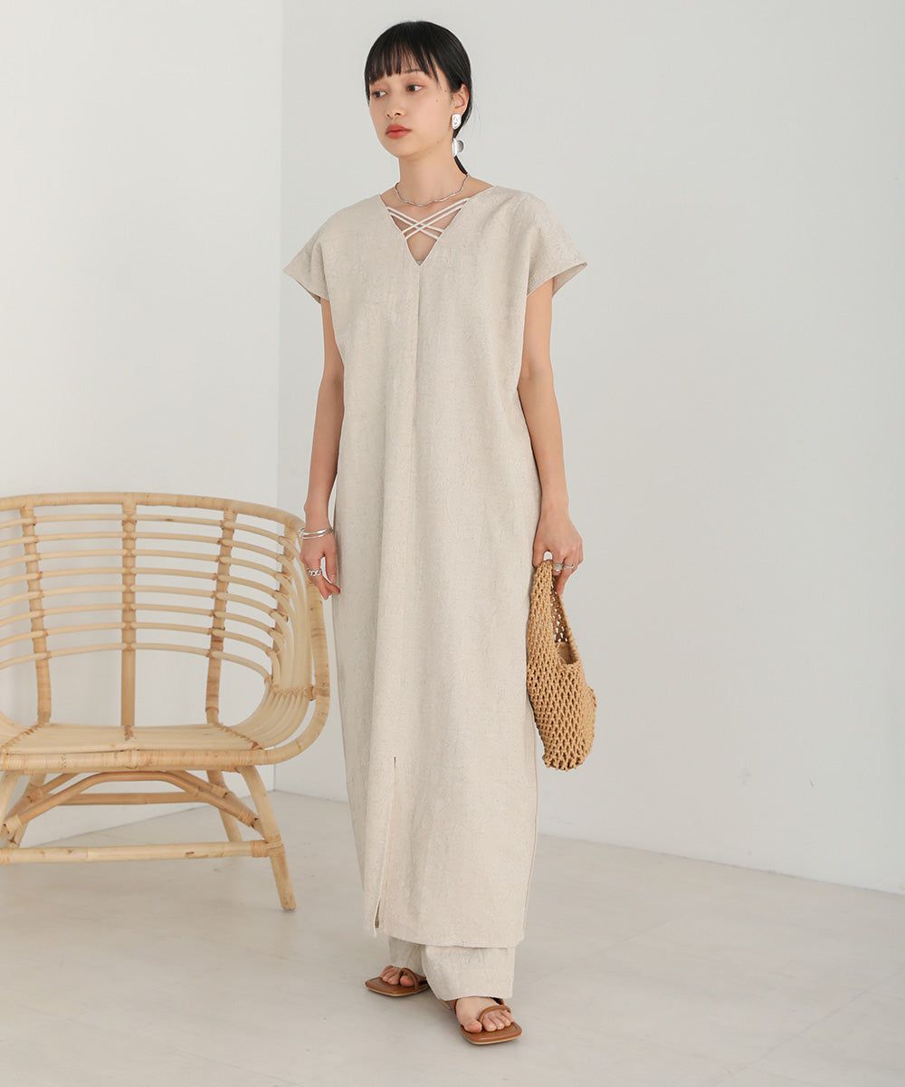 日本 Bab - 2WAY質感棉麻法式袖洋裝-米杏