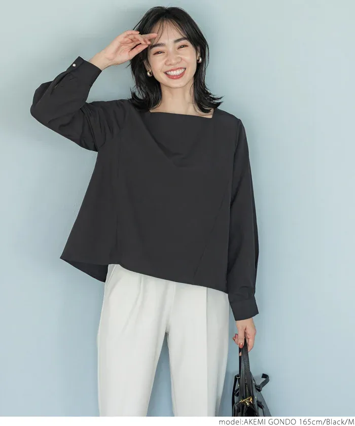 日本 COCA - 裏起毛方領珍珠釦長袖上衣-灰藍