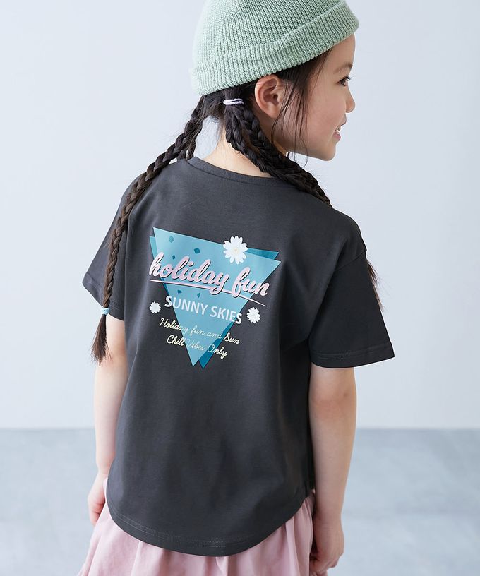 日本 devirock - 接觸涼感 女孩印花短袖上衣-背後愛心-淺灰