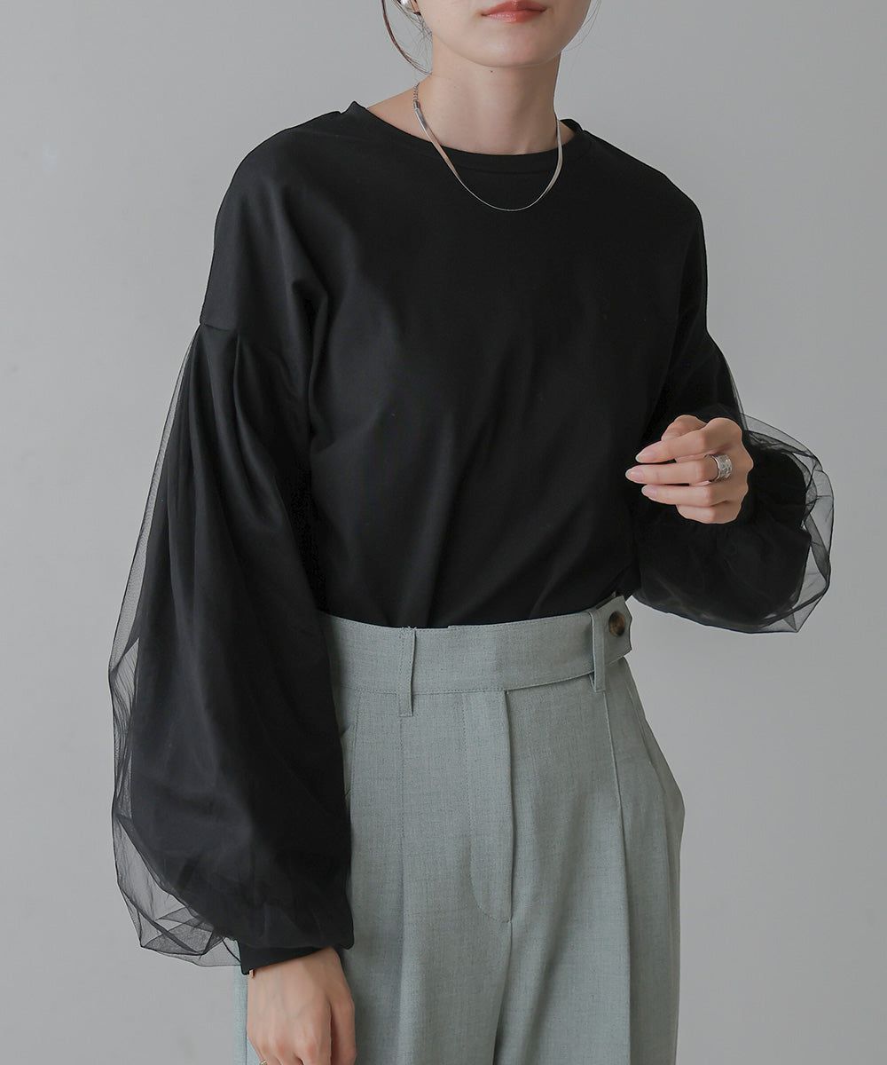 日本 Bab - 優雅拼接薄紗長袖上衣-深灰