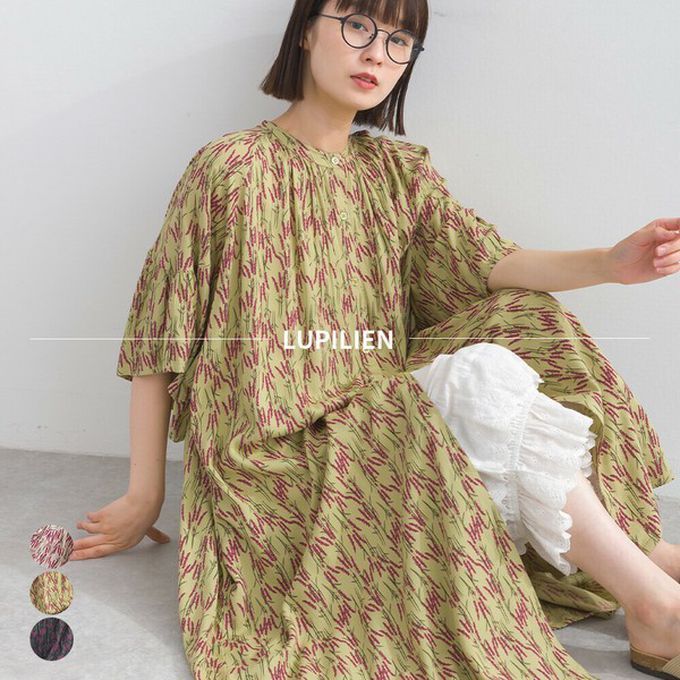 日本 Lupilien - 柔滑嫘縈植物印花寬鬆短袖洋裝-綠x桃