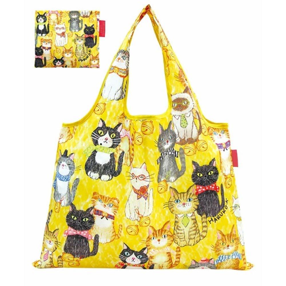 日本 PRAIRIE DOG - 2 WAY折疊印花購物袋-貓咪排隊-黃