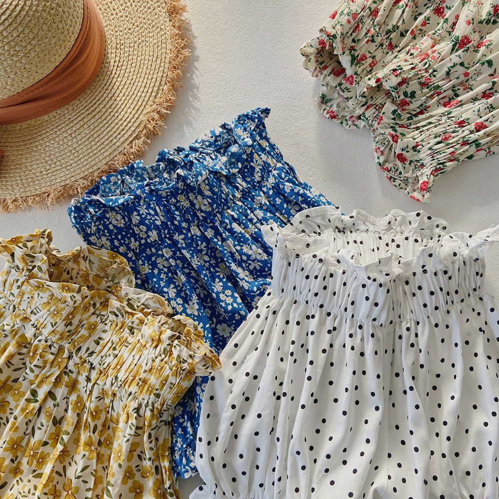 腰鬆緊休閒碎花燈籠短褲-小碎花-黑+白