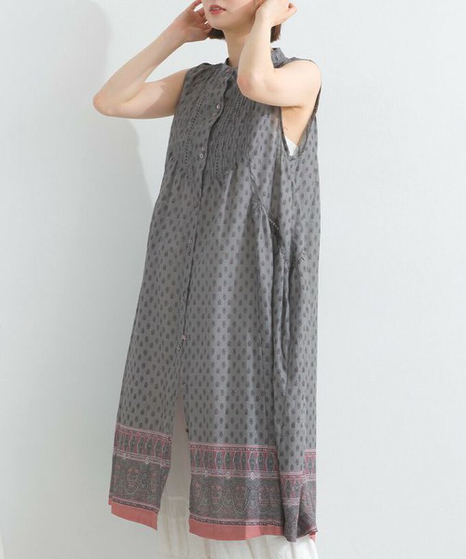 日本 Lupilien - 100%印度棉 清新印花柔軟洋裝-圖騰-炭灰