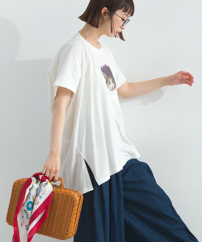 日本 Lupilien - 療癒休閒感落肩長版T恤-貓咪照片-淺棕