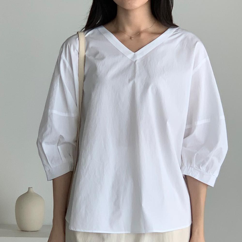 韓國女裝連線 - 美型V領拼接七分袖襯衫-白 (FREE)