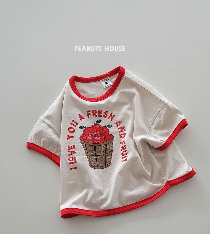 韓國 Peanuts House - 純棉印花圓領短袖上衣-蘋果籃-米