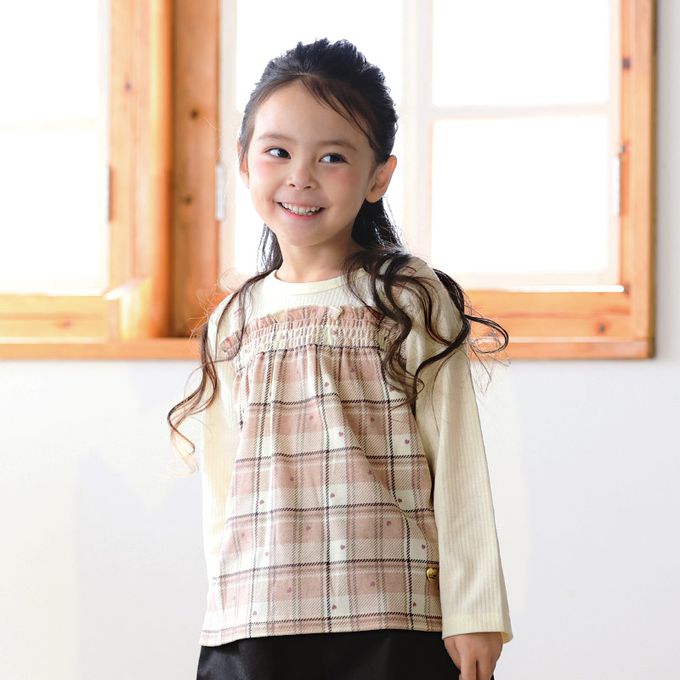 日本 ZOOLAND - 甜蜜愛心假二件格紋長袖上衣-格紋-米白