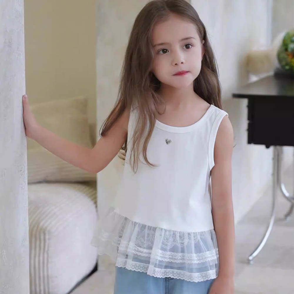 涼感速乾下擺蕾絲拼接背心-白色