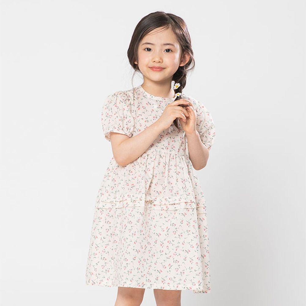 淡雅花紋泡泡袖洋裝-象牙白