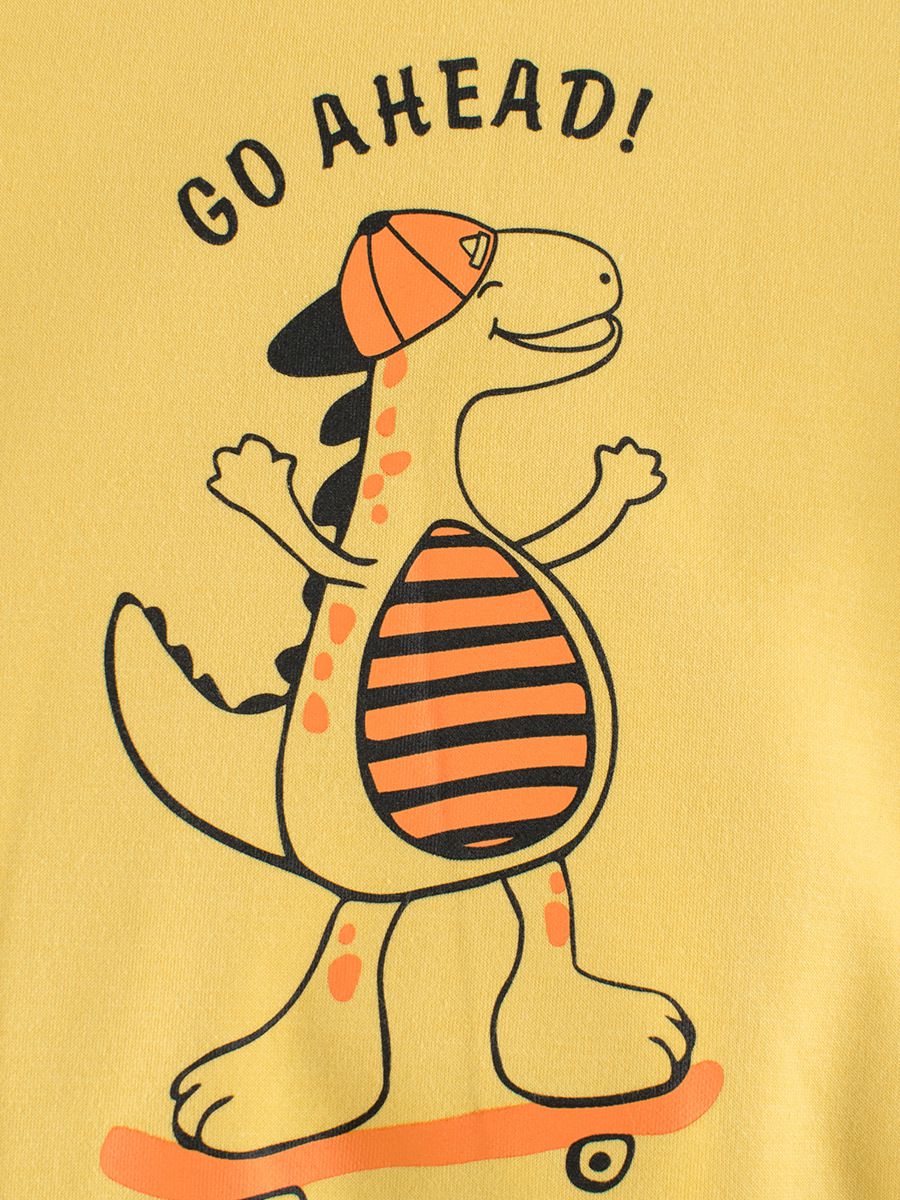 加絨棉質圓領長袖上衣/大學T-特技恐龍-黃色