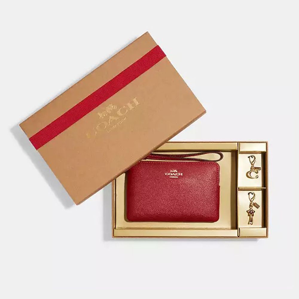 素面皮革L型手拿包及吊飾禮盒 (紅色)